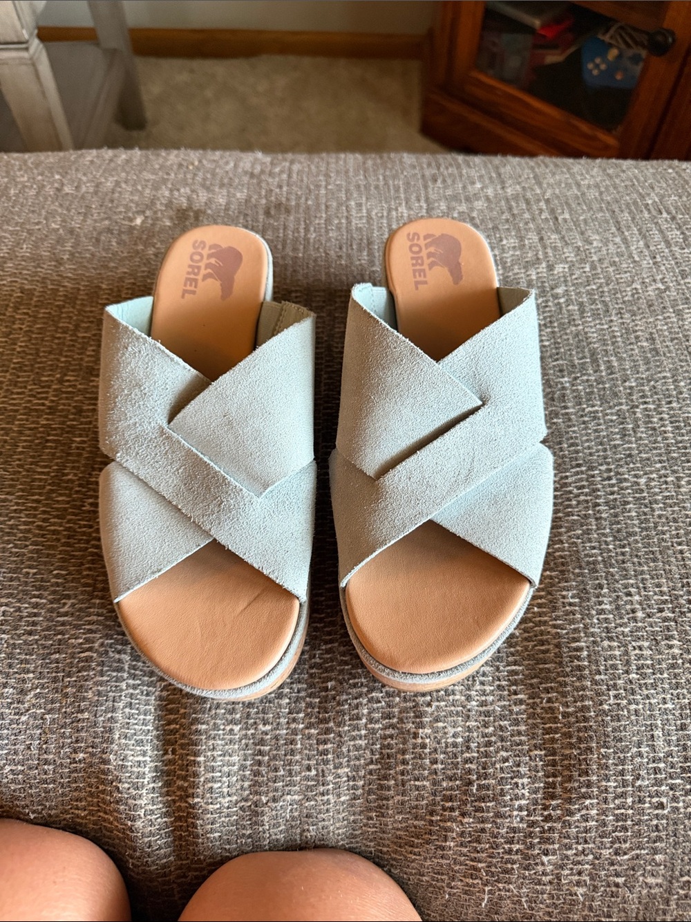 Sorel Women's Crisscross Suede Slide Mules in Sage Green